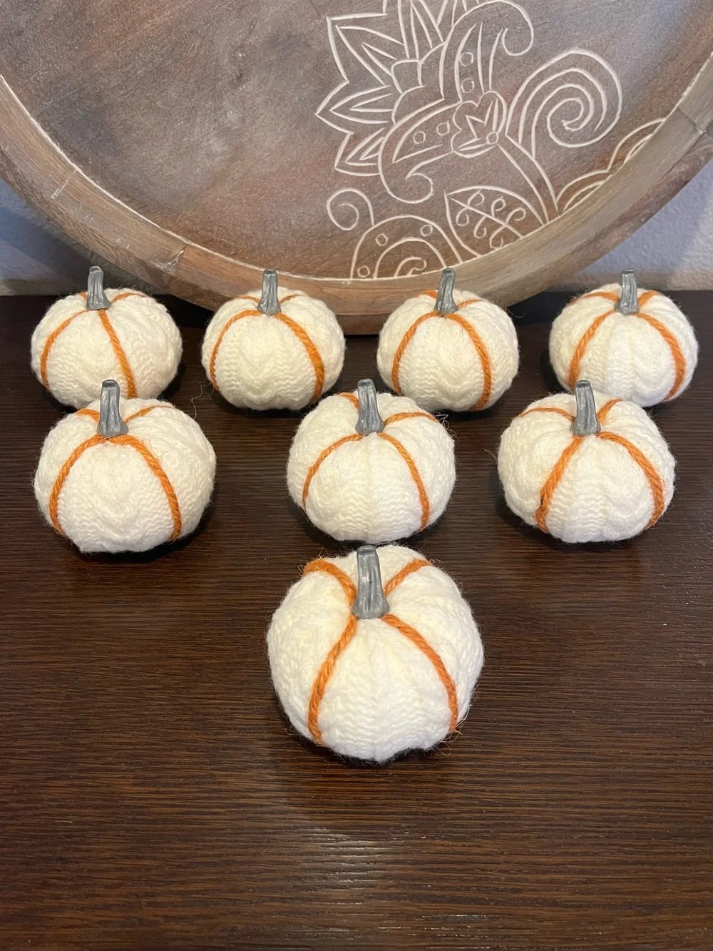 Spritz Knit Harvest Mini Pumpkins - Cream with Jute Stripe, Gray Stem, Set of 8